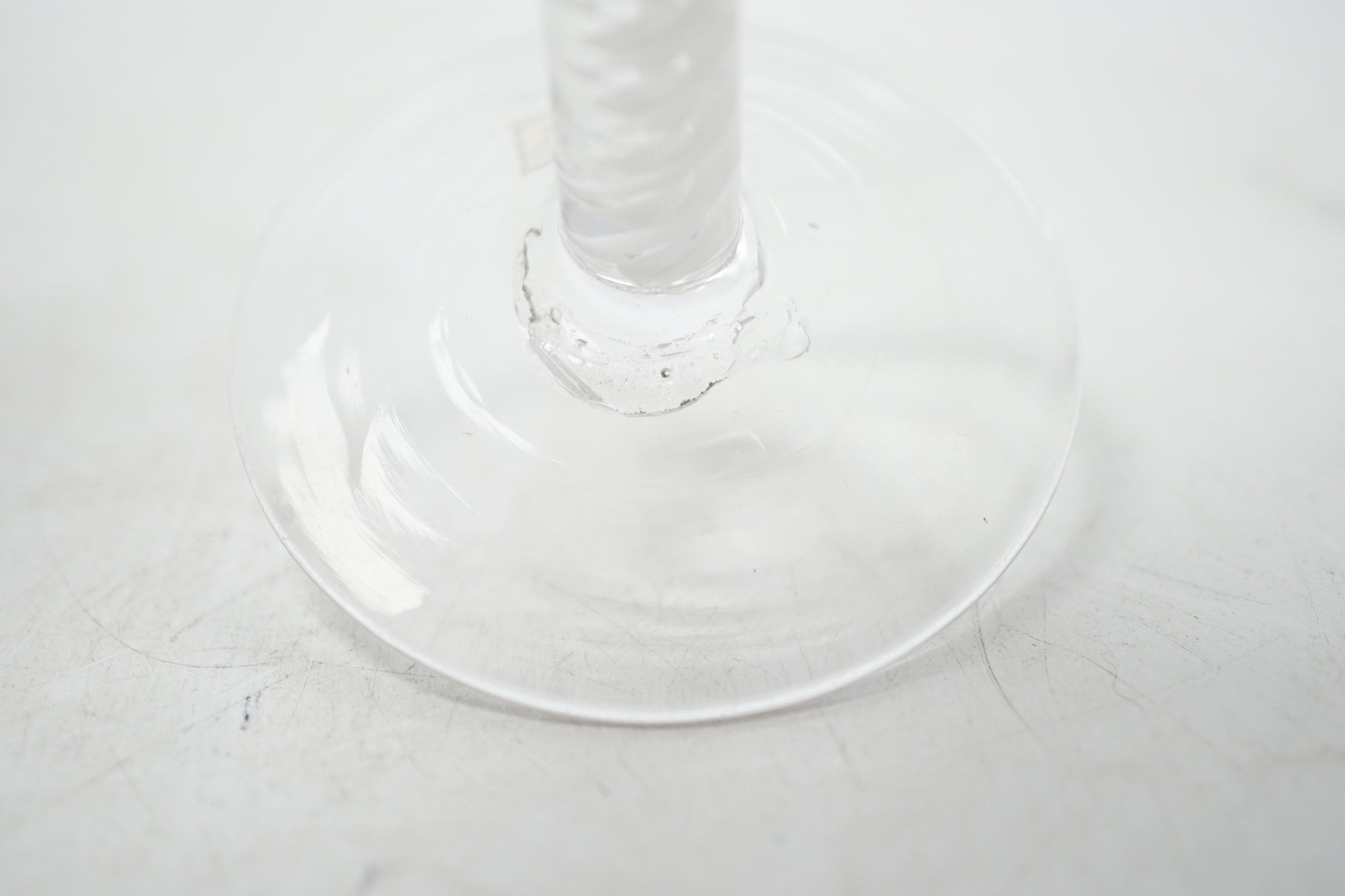 Two mid-18th century opaque twist cordial glasses, 15cm. Condition - good